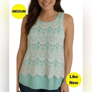 3/for $15 🍒 BRIXON IVY Feminine Lace Overlay Aqua Top (Size Medium) 💎